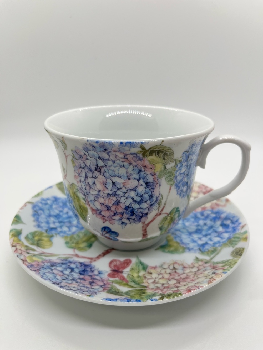 Kent Pottery England Hydrangea Floral Porcelain Teacup and Saucer Set